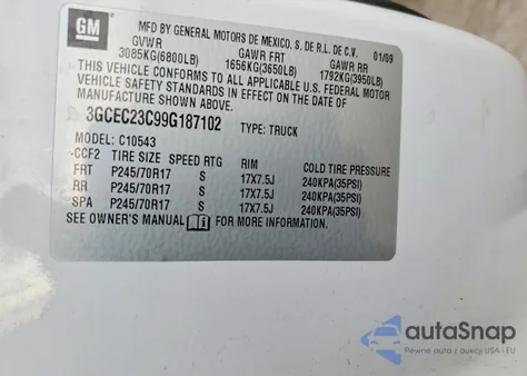 2009 Chevrolet Silverado C1500 Lt z USA, uszkodzony, nr VIN 3GCEC23C99G187102